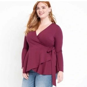 Eloquii Peplum Wrap Top in Maroon